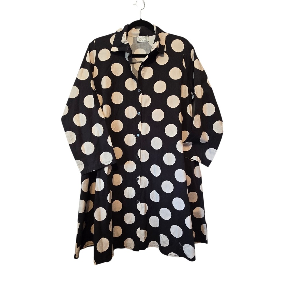 Aqrl Polka Dot Button Down Dress Womens Black Italy Lagenlook Artsy Pockets Boho